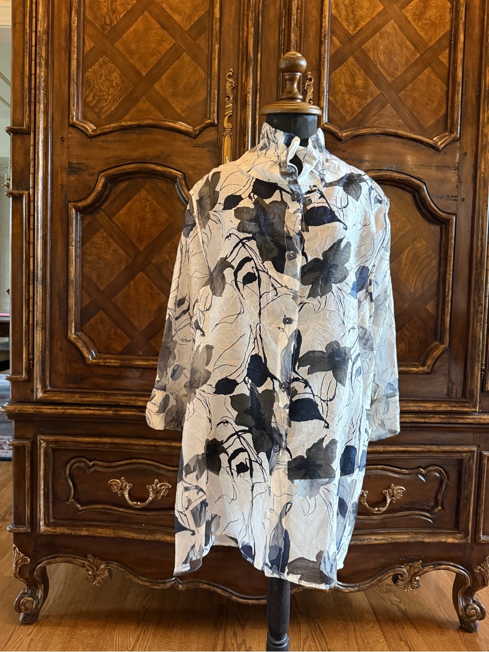 Lightweight White Blouse with Black & Gray Floral Print